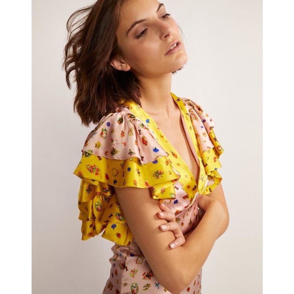 Cynthia Rowley Pink Floral Maxi Dress with Yellow Trim - Picture 2 of 14